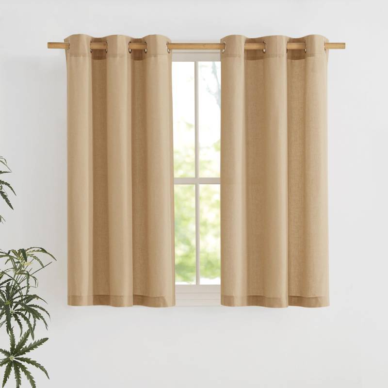 lot 53943 image: Burlap Short Linen Curtains for Kitchen, Thick Flax Small Window Treatments Semi Sheer Privacy Assured with Light Through for CafeBathroom, W42 x L48, 2 Panels - Retail $21