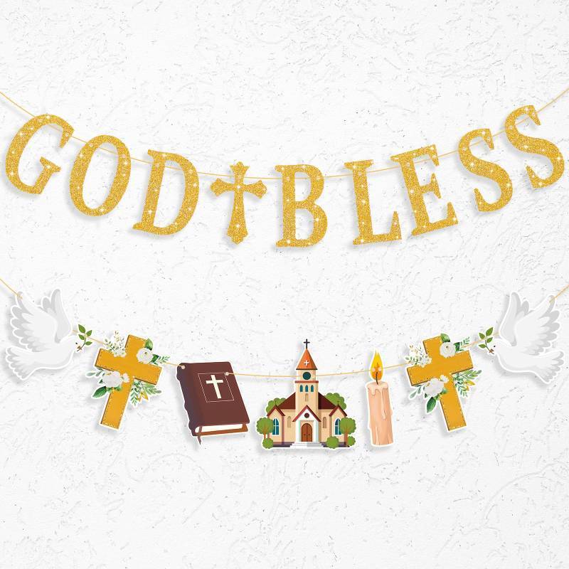 lot 53964 image: God Bless Baptism Decoration First Communion Holy Party Decoration Confirmation Christening Ceremony Newborn Baby Shower Banner Christian Easter Party Favor for Boys Girls - Retail $9