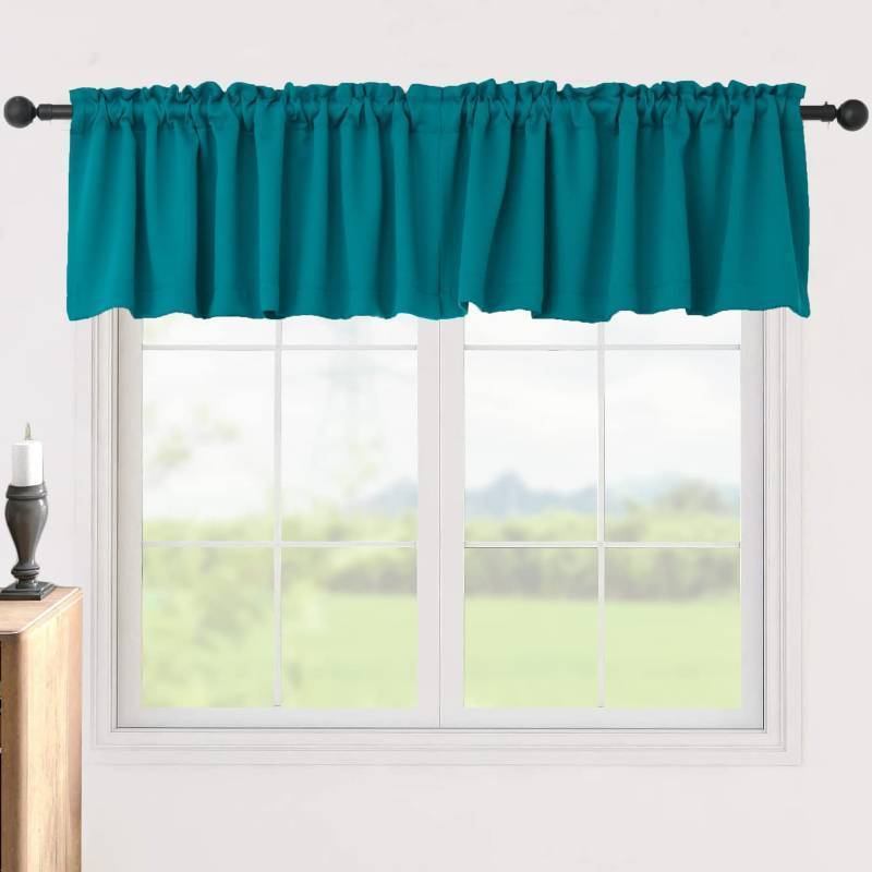 lot 53966 image: Blackout Valance Curtains 18 Inches Long, Short Curtains with Rod Pocket for Window in Kitchen, Bathroom, Living Room, Bedroom or Basement, 2 Panels, 52 W x 18 L, Teal - Retail $14