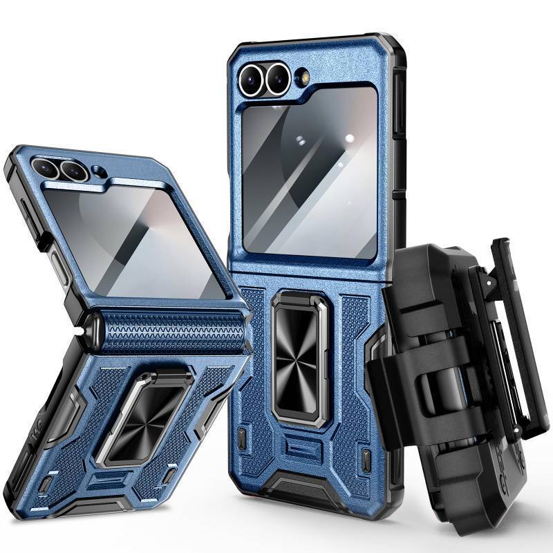 lot 53969 image: Samsung Flip 6 Case with Belt Clip Holster, Hinge Protection Case with 360° Ring Kickstand & Camera Screen Protector Heavy Duty Protective Armor Cover for Galaxy Z Flip 6 - Blue - Retail $28