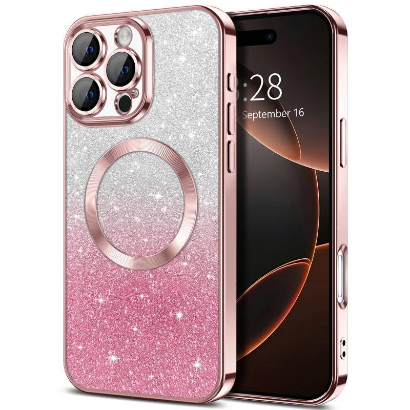 lot 53986 image: iPhone 16 Pro Max Case Clear Magnetic Glitter Phone Cases Compatible with MagSafe Full Camera Lens Protector Slim Gradient Sparkle Luxury Plating Shockproof Protective Cover Women, Pink - Retail $15