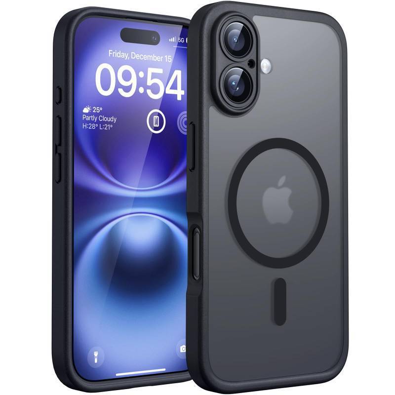 lot 53987 image: Magnetic for iPhone 16 Case, Compatible with Magsafe, Upgraded Full Camera Protection, Drop Protection, Translucent Matte Back Bumper Phone Cover 6.1-Inch Black - Retail $9
