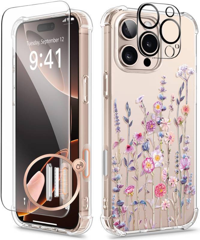 lot 53990 image: iPhone 16 Pro Max Case, with Screen Protector & Camera Lens Protector, Floral Shockproof Protective Bumper Slim Clear Phone Cover for Women 2024 6.9, FloratopiaColorful - Retail $9