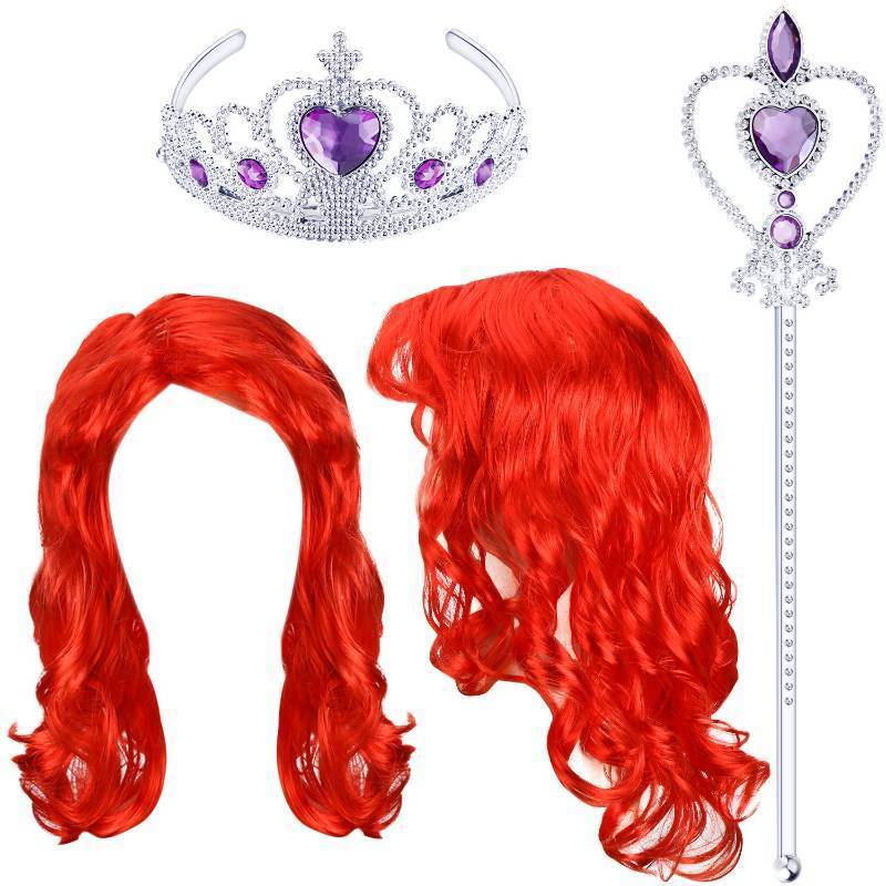 lot 54000 image: Halloween Mermaid Costume Wig Long Wavy Red Cosplay Hair Wig with Princess Tiara, Wand Cosplay Accessories for Halloween Party, over 8 years old
