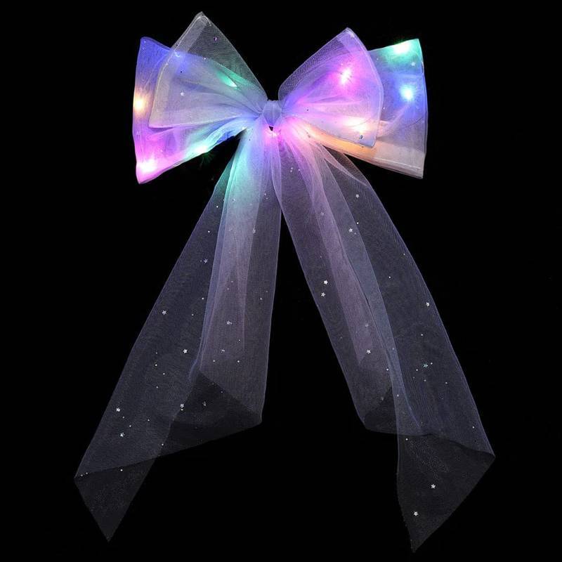 lot 54001 image: Light Up Hair Bow New Year Eve Clips LED Birthday Bows Glow Neon Accessories for Women, Girls. - Retail $10