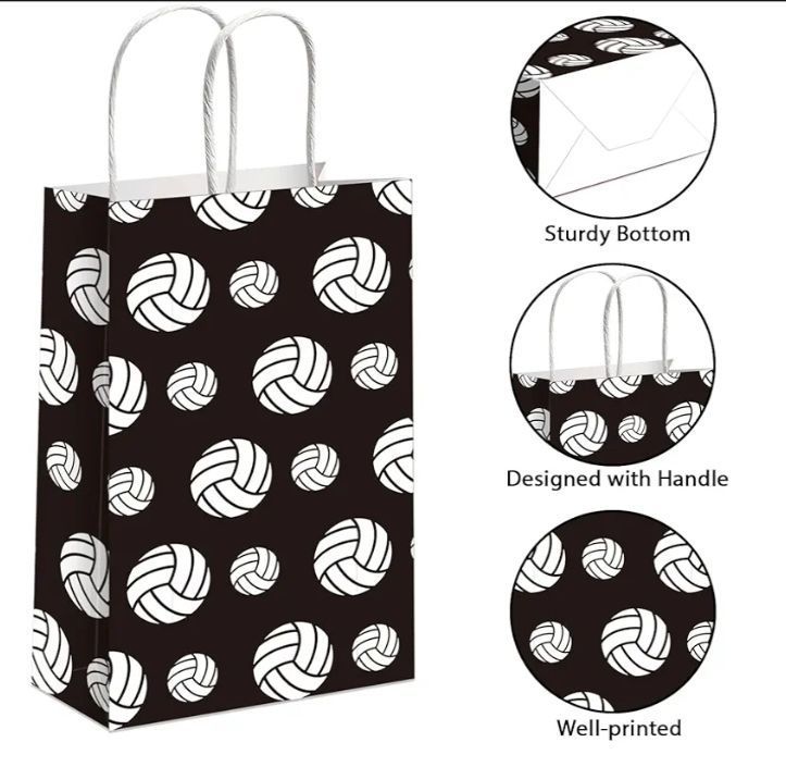lot 54003 image: Volleyball Gift Bags for Team Volleyball Party Favor Snack Goody Treat Bag with Handle Volleyball Paper Bag Kraft Candy Bags for Sport Theme Birthday Party Decor Black & White. 20 Count