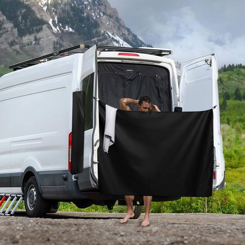 lot 54010 image: 600D Waterproof Oxford RV Truck Rear Door Shower Curtain for Mercedes-Benz Sprinter, Ford Transit, Ram Promaster Vans - Quick Magnetic Installation, Privacy Protection, Includes Storage Bag - Retail $60