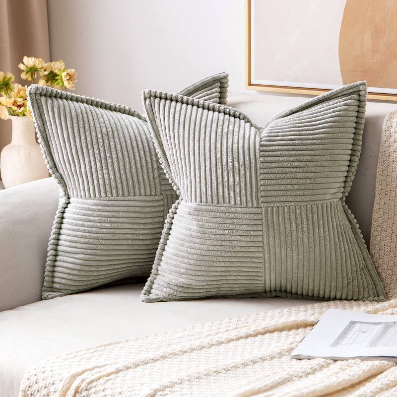 lot 54018 image: MIULEE Light Grey Corduroy Pillow Covers 16x16 Inch with Splicing Set of 2 Soft Boho Striped Pillow Covers Broadside Decorative Textured Pillowcases for Couch Cushion Bed Livingroom - Retail $19