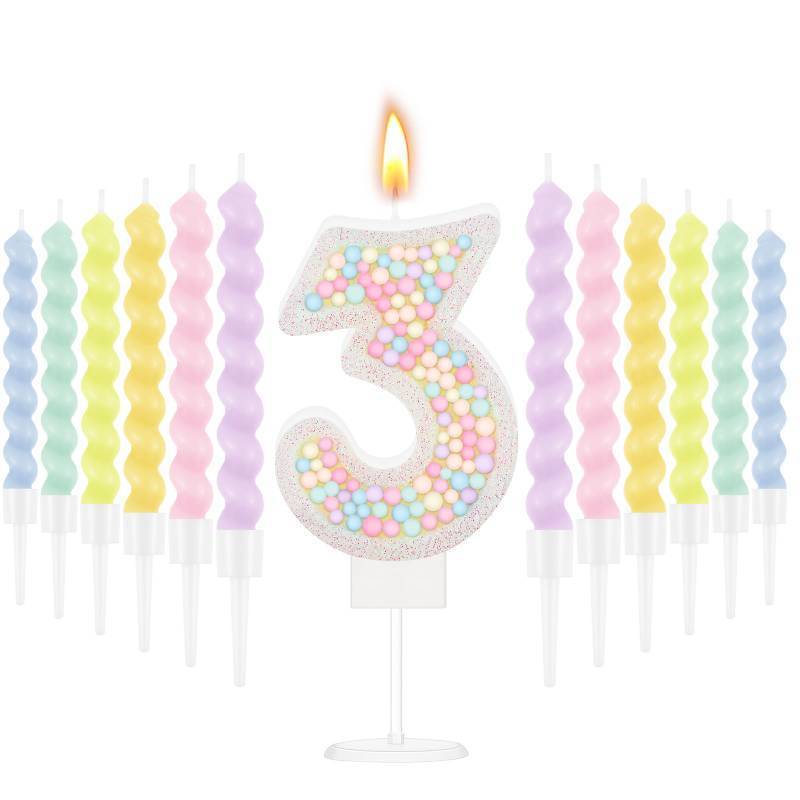 lot 54023 image: MTLEE Number 3 Birthday Candle with 12 Pcs Spiral Candles for Girls Macaron Pastel Rainbow Unicorn Pink Cake Topper for Sweet Theme Party Decoration