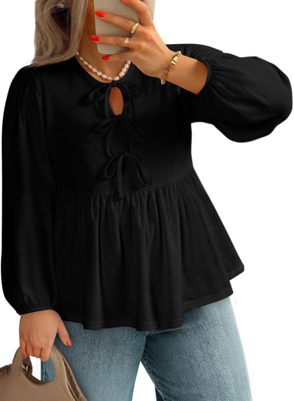 lot 53899 image: Plus Size Tops for Curvy Women Loose Bow Tie Front Ruffle Hem Babydoll Top Blouse, Black Large - Retail $20