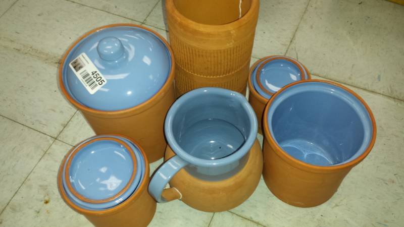 lot 4505 image: Terra Cotta Canister Set and Matching Cream Pitcher
