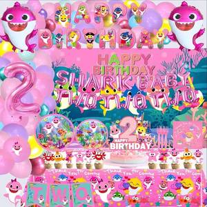 lot 7085 image: Pink Shark Birthday Party Set with Plates Napkins Toppers Balloons