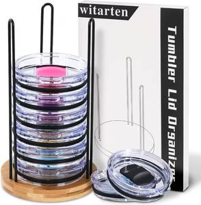 lot 7114 image: Bamboo Cup Lid Organizer - Vertical Storage for 10 Lids
