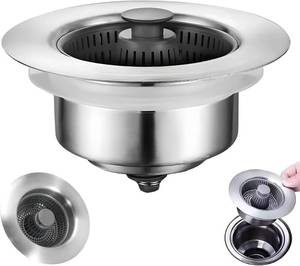lot 7129 image: SUS304 Stainless Sink Drain Strainer Stopper, 3-in-1, Silver