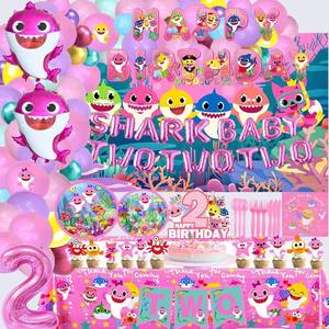 lot 7136 image: Pink Shark 2nd Birthday Party Supplies & Decorations Set
