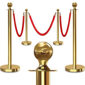 lot 27 image: $70 4 Gold Stanchions with 3 Velvet Ropes, 5 ft Red Rope Stanchion Set