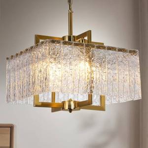 lot 51 image: $120 Modern Crystal Chandelier, 16 Gold, 4-Light Pendant, Adjustable