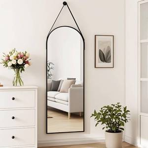 lot 62 image: $53 16x48 Leather-Strap Hanging Mirror, Arched Full-Length Aluminum