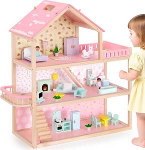 lot 128 image: $120 Large Wooden Dollhouse, 3-Story with 38-Pcs Accessories
