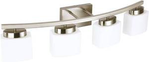 lot 142 image: $95 4-Light Brushed Nickel Vanity Light with White Glass Shade, 31.5