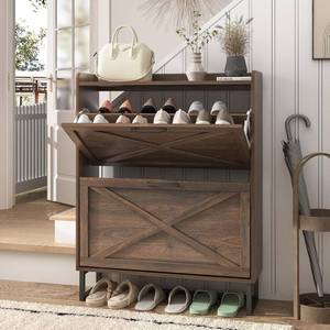 lot 150 image: $150 Maupvit Shoe Storage Cabinet with 2 Flip Drawers, Dark Walnut