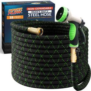 lot 3005 image: PowerFlow Garden Hose, NON-EXPANDABLE 25 Feet Premium Quality Stainless Steel Metal Water Hose with Durable Fabric Skin, Hose For Commercial, Residential Use, Bonus 10-way Spray Nozzle (25 Ft, Black)