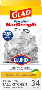 lot 3012 image: Glad ForceFlex MaxStrength with Clorox Tall Kitchen Trash Bags, 13 Gal, 34 Ct