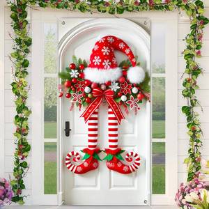 lot 3021 image: BlissYard Elf Legs Door Cover 71x35 Inch Christmas Banner for Front Door Outdoor Indoor Decorations Large Xmas Holiday Backdrop with Red White Striped Hat Curly Shoes Garland Bow Hanging Ornament