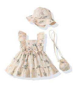 lot 3097 image: Renotemy Baby Girl Dress Summer Outfits Infant Boho Beige Flower Casual Floral Sundress with Hat and Bag Sleeveless Princess Party Beach Vintage Dresses Baby Girl Clothes 3-6 Months