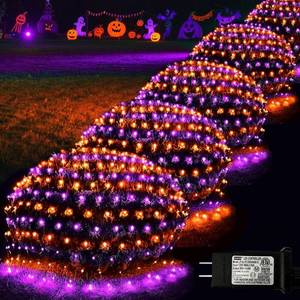 lot 3105 image: Halloween Net Lights, 510 LED Large Outdoor Net Mesh Lights for Bushes 28x5ft, 8 Modes Waterproof Twinkle String Light Connectable for Hedge Yard Decor, Orange and Purple