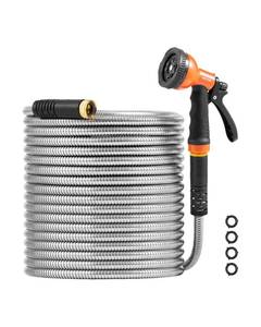 lot 3129 image: VEVOR Garden Hose Metal 50FT Heavy Duty Stainless Steel Water Hose, Flexible, No Kink &amp Tangle, Puncture Resistant &amp Rust Proof, Lightweight w 10-Function Spray Nozzle for Yard, Outdoor, Gardening