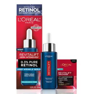lot 3186 image: LOreal Paris Revitalift 0.3% Pure Retinol Night Serum, Reduce Deep Wrinkles, Fragrance Free 1 oz  Moisturizer Sample