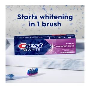 lot 3249 image: Crest 3D White Advanced Luminous Mint Teeth Whitening Toothpaste, Crest Toothpaste, 3.7 oz - Helps Remove Surface Stains, Whitens Teeth, Strengthens Tooth Enamel, Protects Against Cavities
