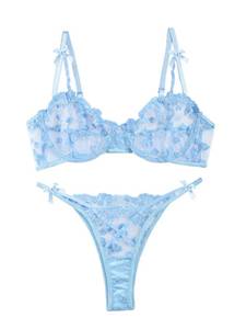 lot 3254 image: Lilosy Sexy Cute Underwire Push Up Strappy Heart Embroidered Mesh Sheer Lingerie Set for Women Bachelorette See Through Bra and Panty 2 Piece Bow Light Blue Medium