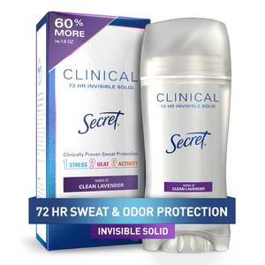 lot 3271 image: Secret Clinical Strength Antiperspirant Deodorant for Women, 3X Stress Protection, 72hr Sweat & Odor Protection, PH Balancing Minerals, Invisible Solid, Clean Lavender Scent, 2.6 oz