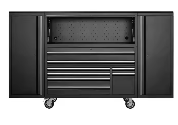 lot 30005 image: Unused 56in Roll Cabinet with 56in Work Center and 2 End Locker Cabinets  HTC5608B  HTC5601U  HTCSTL