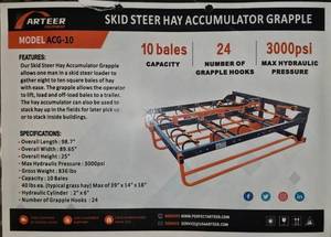 lot 8661 image: Unused ARTEER Skid Steer Hay Accumulator Grapple ACG-10 - 10 Bale Capacity - 24 Grapple Hooks