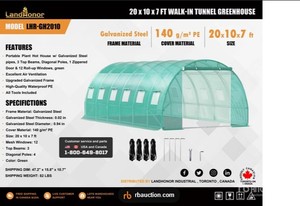 lot 8222 image: Landhonor 20 x 10 x 7 Ft Walk-In Tunnel Greenhouse  LHR-GH2010