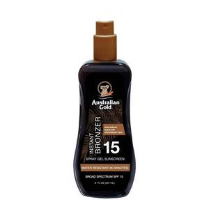 lot 65273 image: APPEARS NEW - Australian Gold Sunscreen Spray Gel with Instant Bronzer - SPF 15 - 8 fl oz