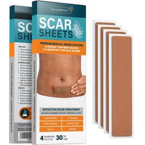 lot 65282 image: APPEARS NEW - NUVADERMIS Silicone Scar Sheets �� Extra Long Medical-Grade Scar Sheets for C-Section, Tummy Tuck, Keloid, and Surgical Scars �� Reusable and Effective �� Pack of 4 �� Medium Tone