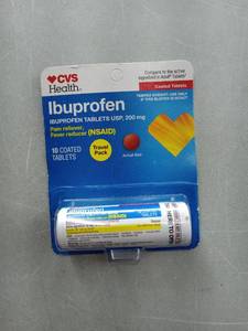 lot 65298 image: FACTORY SEALED - CVS Ibuprofen Pain Reliever. 10 Coated Tablets, 200mg.