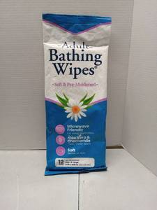 lot 65248 image: FACTORY SEALED - Luxury Rinse Free No Alcohol Shower Wipes for Elderly  Bedridden & Adults,9  x 9, No Hassle, (12 Count), Aloe Vera & Chamomile, X-Large (Expiration 7-25-26)