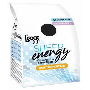 lot 65213 image: FACTORY SEALED - Leggs Sheer Energy Light Support Anti-Cellulite Control Top Pantyhose, Jet Black, Size Q