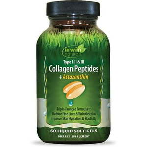 lot 65308 image: FACTORY SEALED - Collagen Peptides  Astaxanthin  Type I  II & III  60 Liquid Soft-Gels  Irwin Naturals. 102026