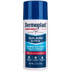 lot 65357 image: APPEARS NEW - Dermoplast Pain, Burn & Itch Relief Spray for Minor Cuts, Burns and Bug Bites, 2.75 Oz (Packaging May Vary) exp 12027