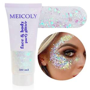 lot 65373 image: FACTORY SEALED - MEICOLY Clear White Body Glitter,Singer Concerts Music Festival Rave Accessories,Mermaid Face Glitter Gel,Sequins Glitter Face Paint,Chunky Hair Sparkling Halloween Glitter Gel for Women,50ml