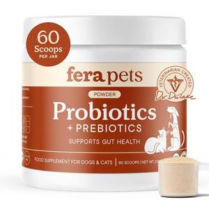 lot 65381 image: FACTORY SEALED - Fera Pets Probiotics for Dogs & Cats with Prebiotics - USDA Organic - Gut Health Powder Supplement with 12 Strains and 5 Billion CFUs - Supports Immunity, Energy and Skin & Coat - 60 Scoops. Exp 92026