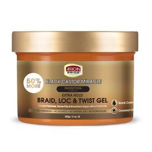 lot 65396 image: APPEARS NEW - African Pride Black Castor Miracle Extra Hold Braid, Loc, Twist Gel - Extreme Hold Braiding Hair Gel, Edge Control & Tames Frizz, No Flake  Natural Ingredients, Black Castor & Coconut Oil  12oz