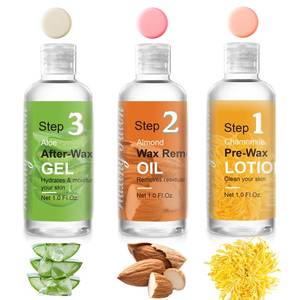 lot 65397 image: APPEARS NEW - Mini Pre Wax Spray and After Wax Spray, Triple-bottle Set After Wax Care with Pre Wax Cleanser, Wax Remover Oil and Skin Soother Organic Aloe Vera Gel for Sensitive Skin. Exp 22028