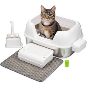 FACTORY SEALED - Nikko Pet Shop Enclosed Stainless Steel Cat Litter Box with High Sides for Large Cats, Large Litter Box with Lid, Anti Leak, Anti Odor, Non Stick, Easy Clean